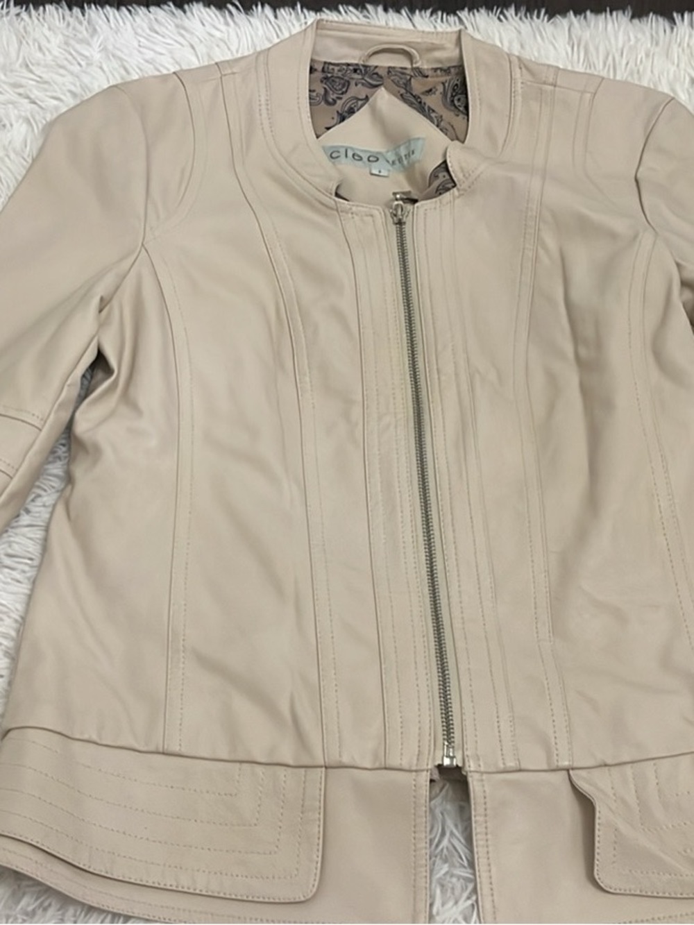 cleo Light Beige Leather Zip-Front Jacket